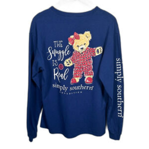 Simply Southern Snuggle Is Real Teddy Bear Blue Long Sleeve Shirt Size Medium